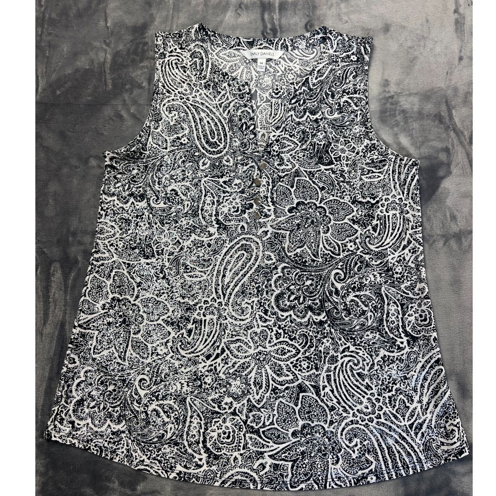 Emily Daniels Blouse Top Womens Medium White Black Paisley Sleeveless Split Neck